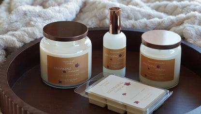 Pictures is a 16 oz candle with a yellow label named changing seasons, a 9 oz candle with a yellow label named changing seasons a wax melt and room spray all from the same collection and same design 