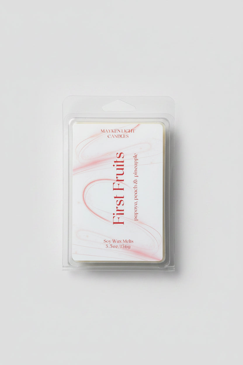 clear container with white and pink label for First Fruits Wax melt, scent of Papaya, Peach and Pineapple 5.5 oz / 156 g