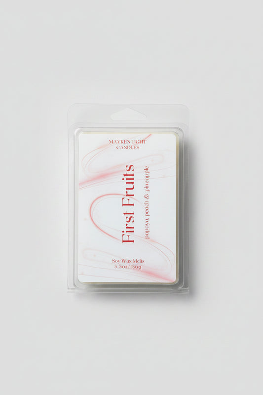 clear container with white and pink label for First Fruits Wax melt, scent of Papaya, Peach and Pineapple 5.5 oz / 156 g