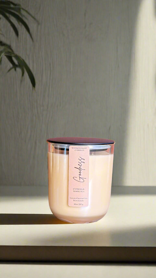 Candle with a label on a neutral background