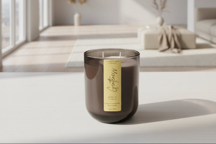 Candle with a label on a marble surface