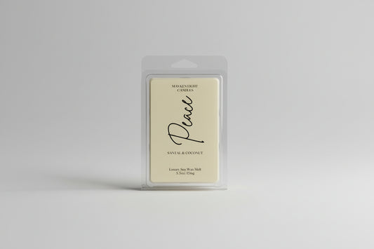 Mayken Light Candles wax melt with an off white label reading Peace on a white background